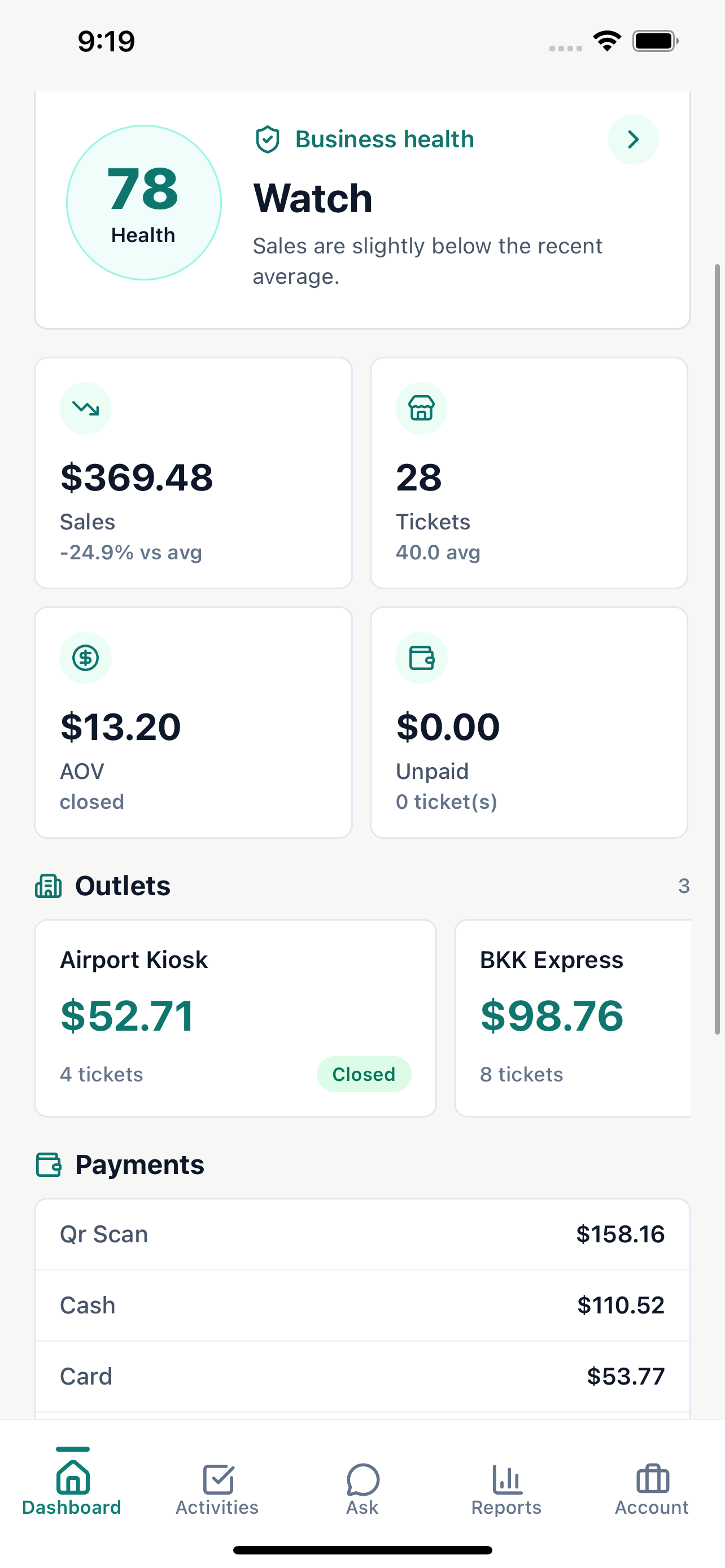 Joony Admin mobile business overview with sales, tickets, outlets and payments
