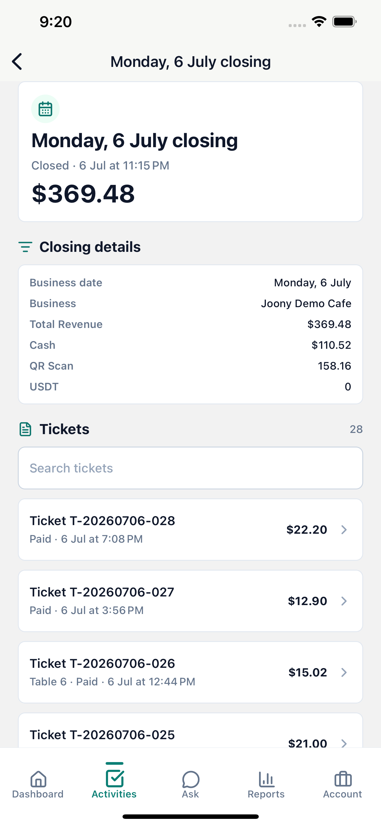 Joony Admin mobile daily closing with sales and payment totals