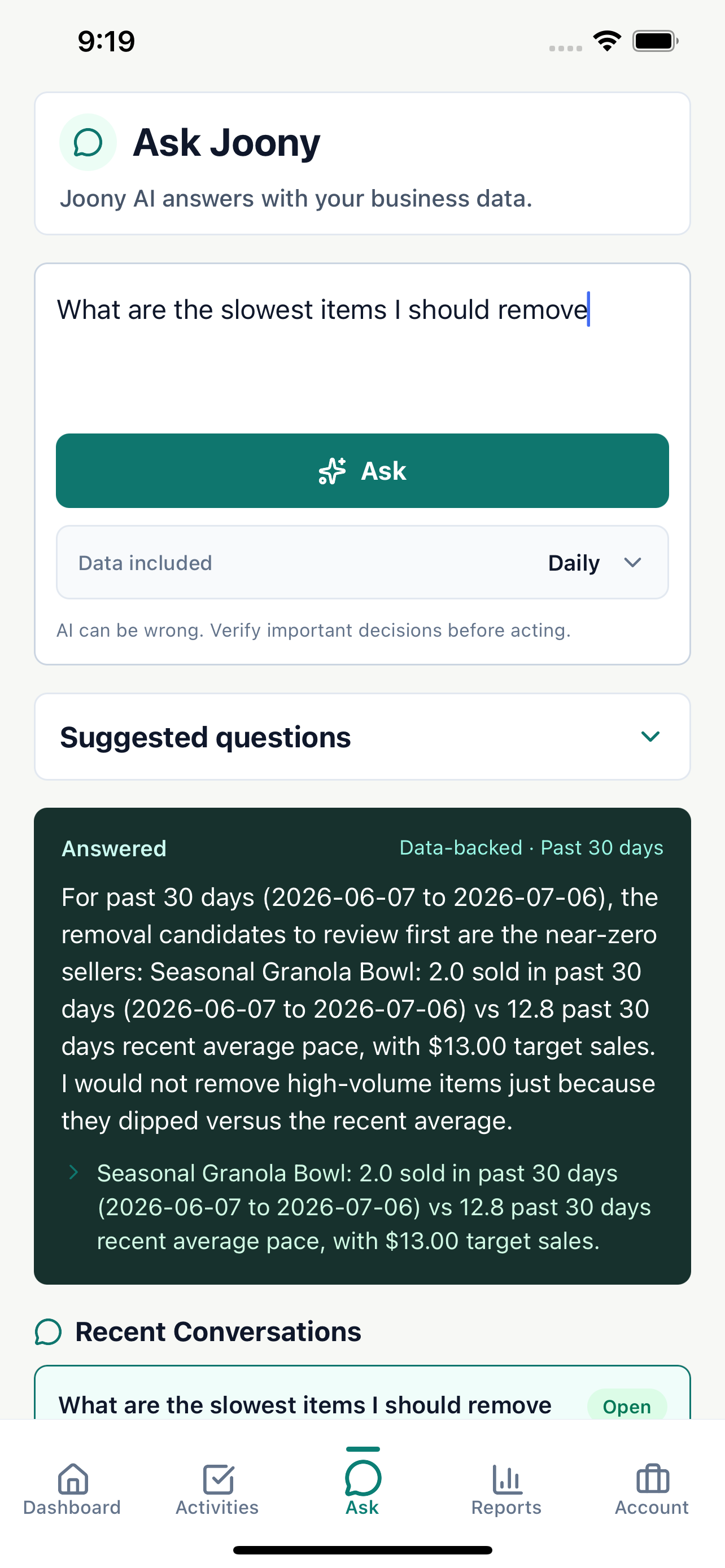 Joony Admin mobile Ask Joony answer based on business data