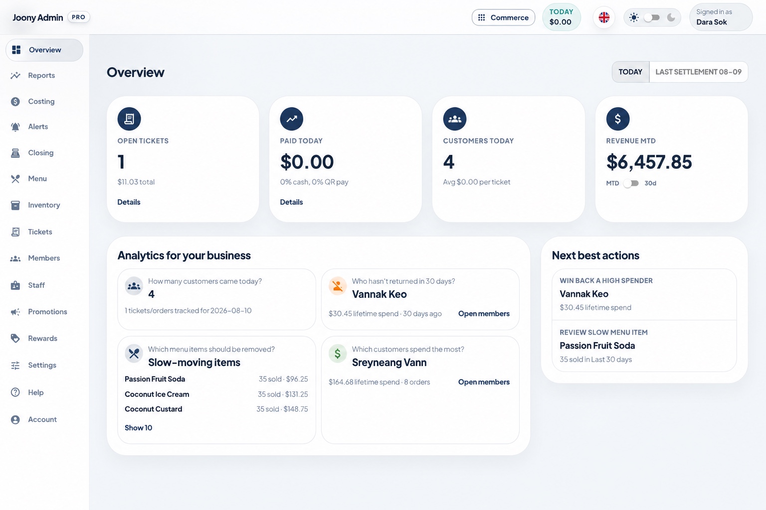 Live Joony Admin overview